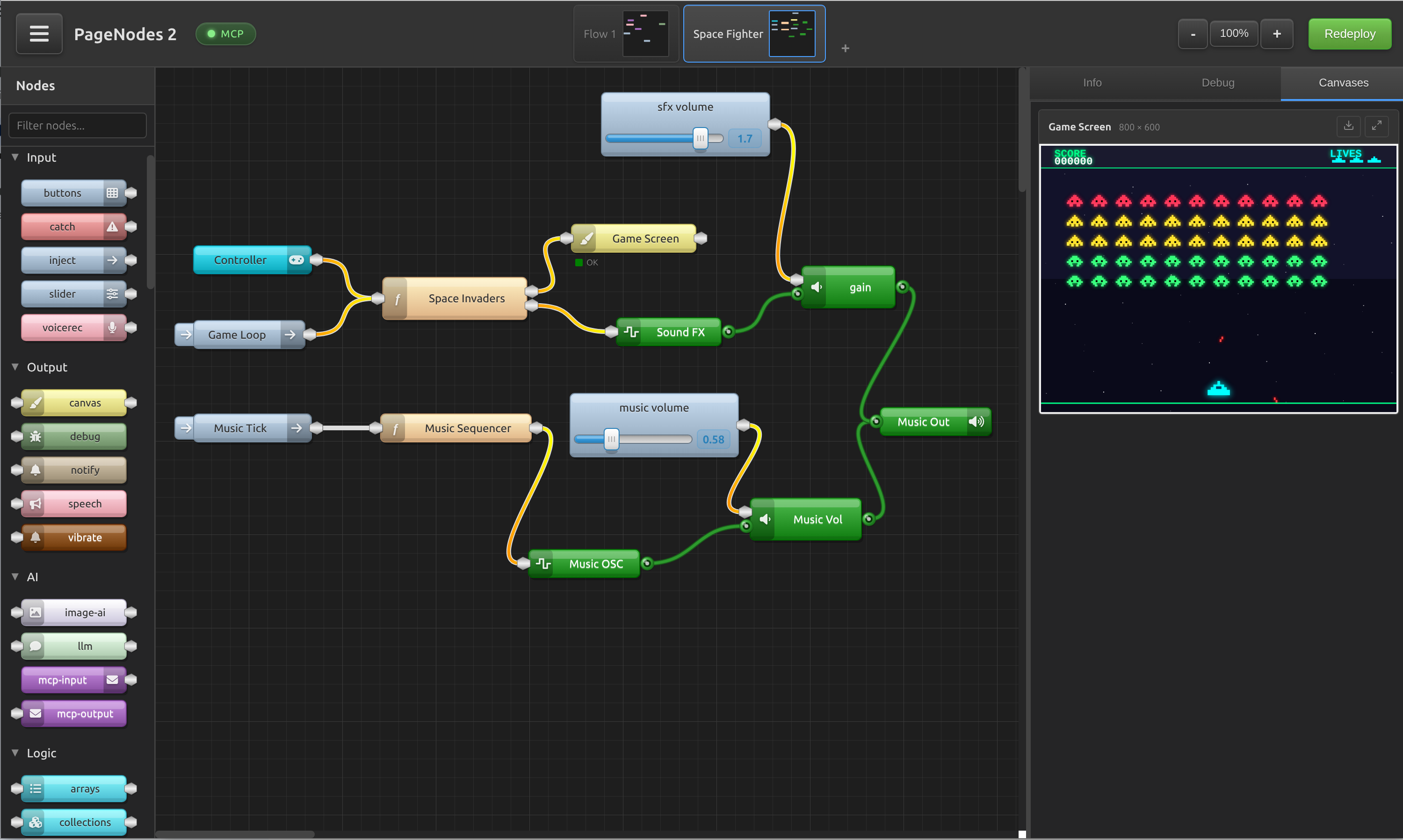 PageNodes visual flow editor showing nodes connected on a canvas